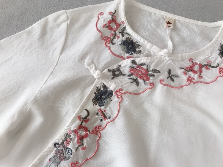 Vải cotton và vải lanh theo đường chéo thêu văn học kích thước lớn dài tay áo dài vải gai xẻ tà quần áo phụ nữ - váy đầm