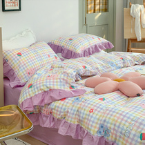 ins Korean Princess Wind Cotton Four Piece Set Ruffles Girl Heart Lace quilt cover Sheets Cotton Bedding 4