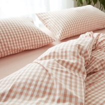 Plaid water washing cotton four-piece cotton bed sheet cotton quilt cover quilt cover female student dormitory bed three-piece set