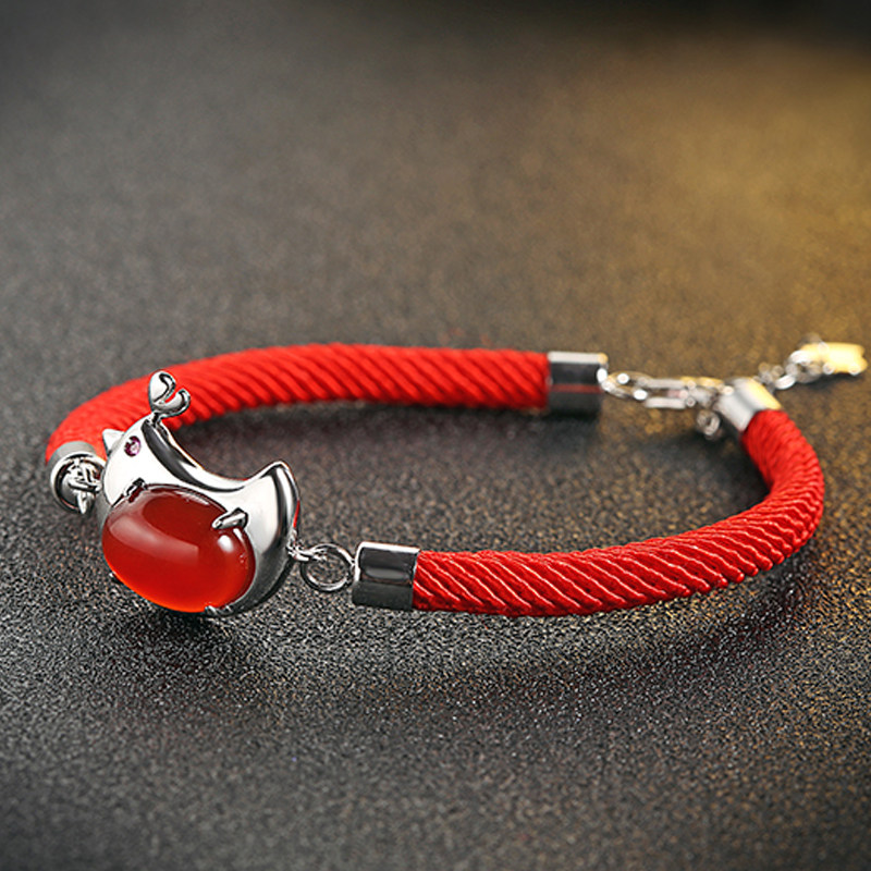 银奥s925银小鸡红手绳生肖鸡 纯银手工编织手链复古中国风饰品