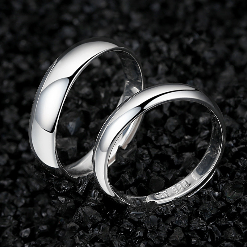 999足银光面情侣戒指一对 日韩简约对戒纯银指环女chic男素戒