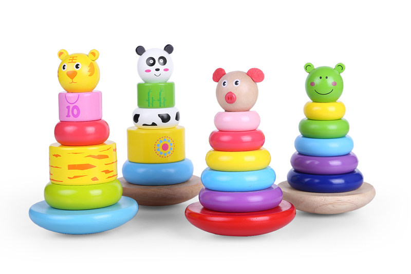 依旺 木制彩虹塔叠叠乐 宝宝七彩层层套圈玩具 套塔不倒翁玩具