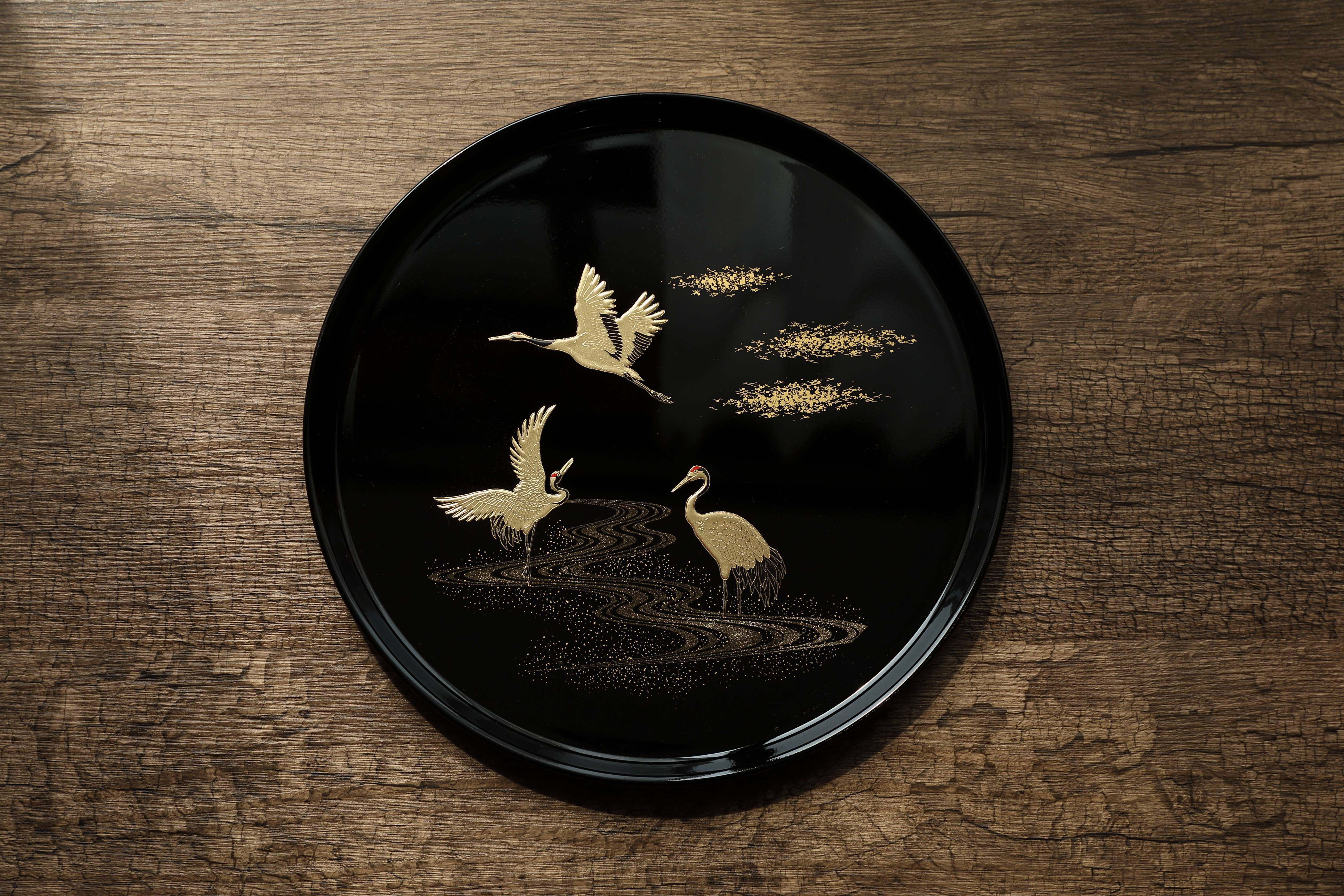 日本进口 山中漆器群鹤图30厘米丸盆盘子 日式漆器托盘 盘子 茶盘