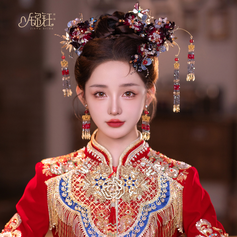 锦钰新娘复古红新中式秀禾古风头饰古装汉服步摇流苏跟妆写真头饰