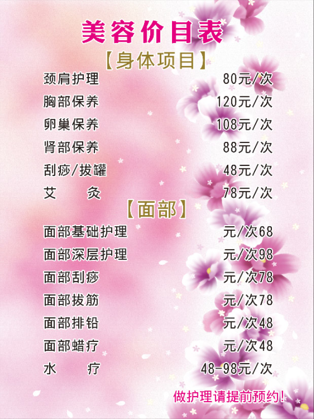 中医美容院项目价格表价目表设计制作图片海报定制广告贴纸宣传画