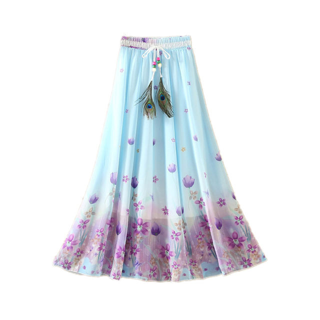 Chiffon ພິມ swing ໃຫຍ່ skirt summer floral beach skirt elegant fairy skirt slim slim ສິ້ນ skirt ຍາວ