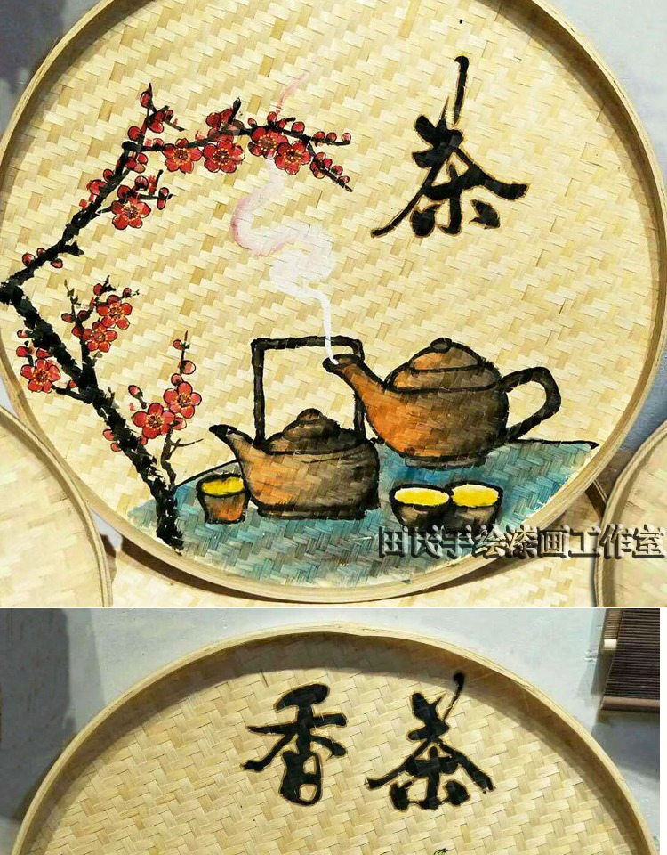 手绘竹筛画圆竹簸箕画墙壁挂饰竹制工艺品竹编装饰复古墙面壁饰品