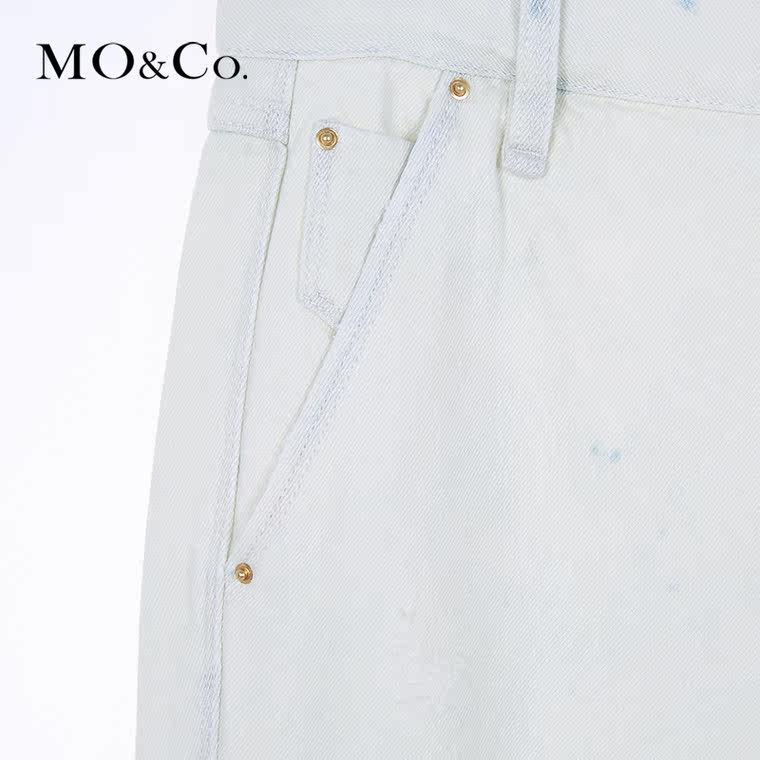 MO&Co.牛仔裤破洞薄女夏欧美水洗长裤白色休闲直筒MA152JEN20moco