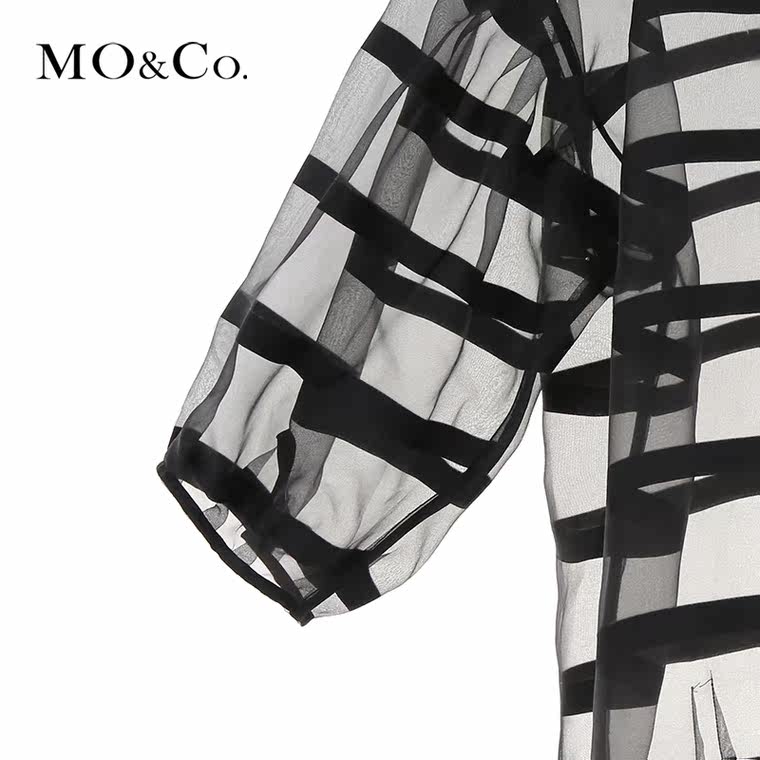 MO&Co.女式衬衫夏中袖透视套头衬衣条纹性感网纱MA152SHT53moco