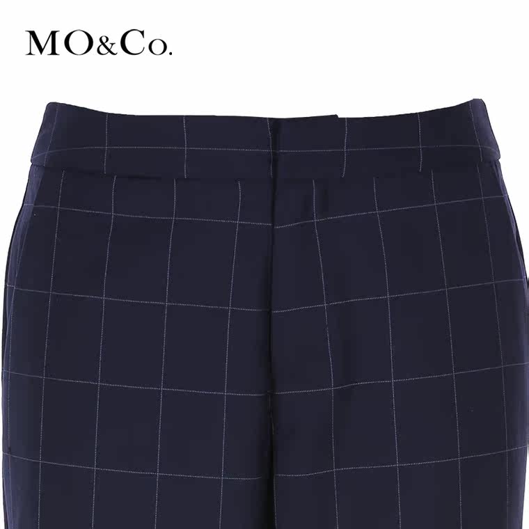 MO&Co.格纹西装休闲裤简约中腰口袋小脚羊毛MA153CAS05 moco