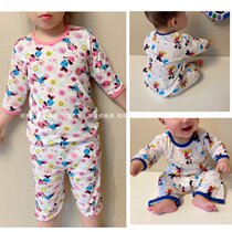 Export Japan summer cartoon cotton mesh home suit suit men and women children breathable quarter sleeve pajamas set