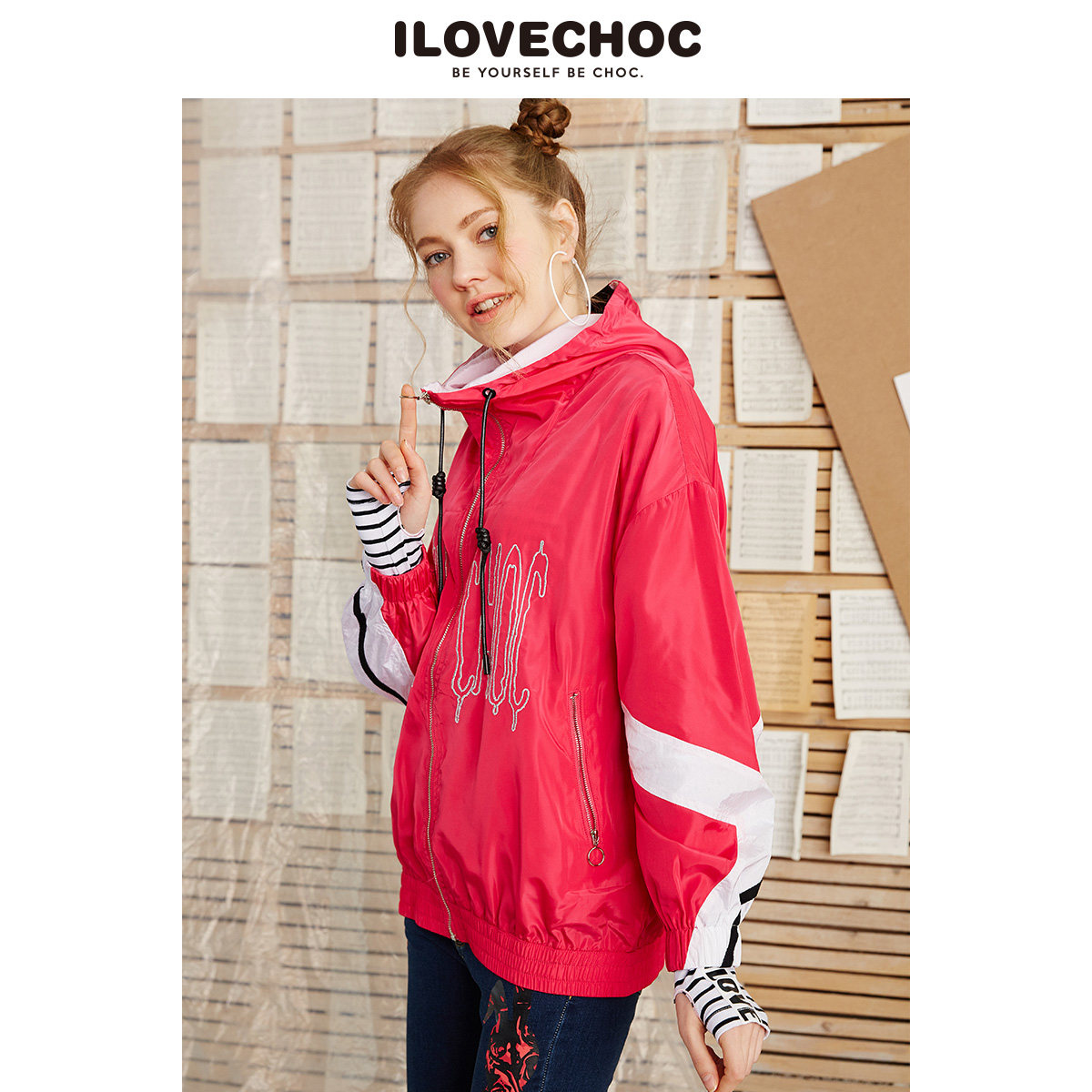 专柜同款ilovechoc我爱巧克力2018秋季新款拼色夹克外套女ulzzang