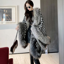 2022 autumn and winter silver fox fur oversized fur collar houndstooth woolen shawl scarf cloak fur coat womens cape