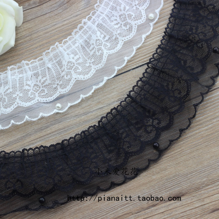 双层褶皱花边雪纺蕾丝钉珠花边 diy服装裙摆辅料百褶蕾丝花边