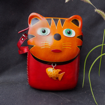 Handmade leather one shoulder messenger kitten bag female travel first layer cowhide cartoon large screen mobile phone bag childrens small backpack