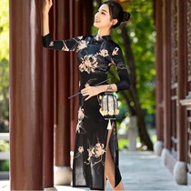 Classical dance practice suit Womens elastic Cheongsam dance suit long split performance black printed Chinese dance performance suit