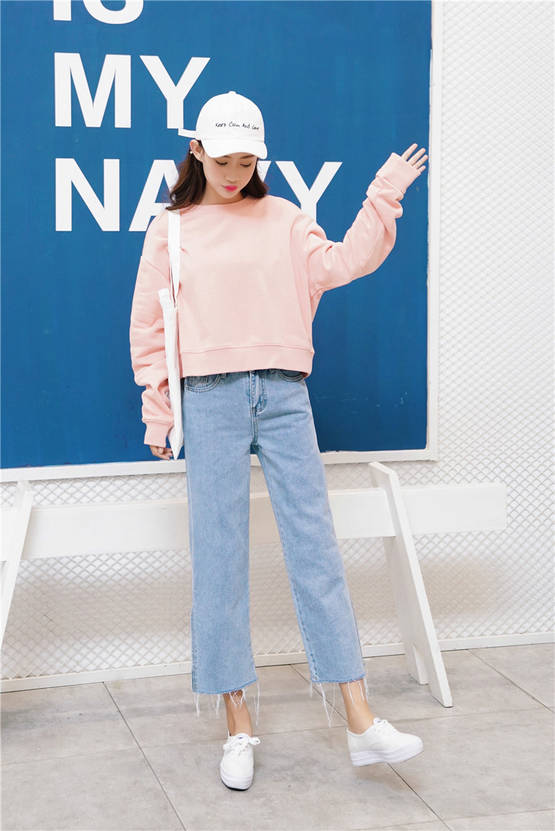 实拍0217#侧开叉浅蓝色牛仔裤女宽松直筒九分高腰阔腿