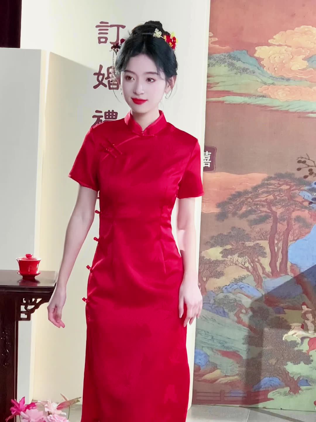 红色旗袍小个子显高显瘦高考送考中考旗开得胜夏妈妈穿的日常短款