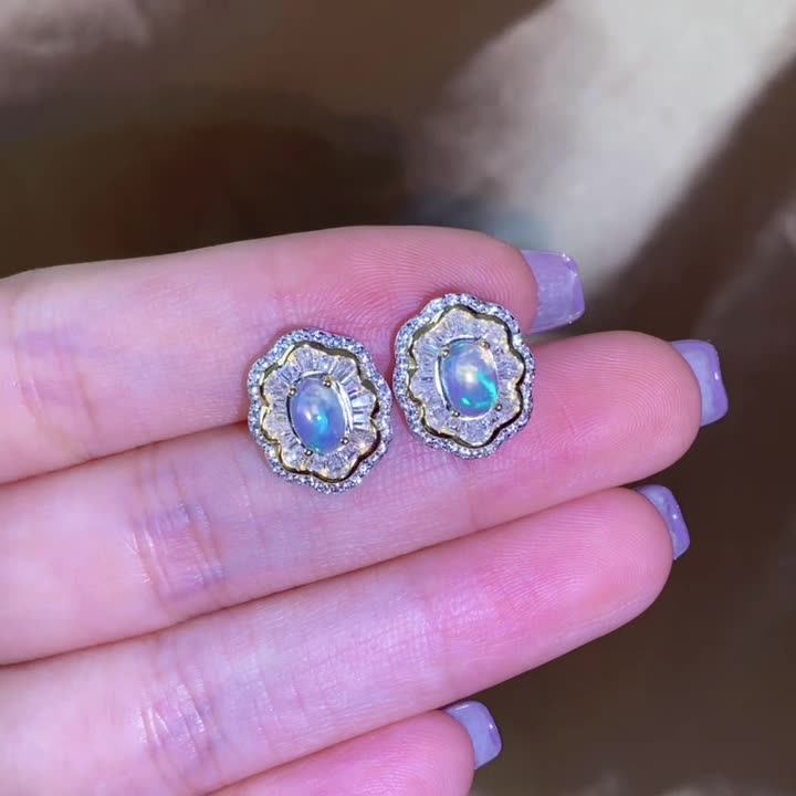 天然欧泊石耳钉女不掉色设计感小众轻奢耳坠s925银轻奢欧泊耳饰品