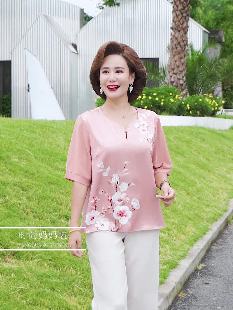 新中式妈妈夏装短袖棉麻衬衫洋气上衣2024新款中老年母亲节t恤衫