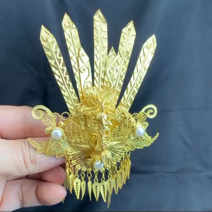 大银家99足银镀金古风后压凤钗花丝工艺制作錾刻七尾凤凰汉服发钗