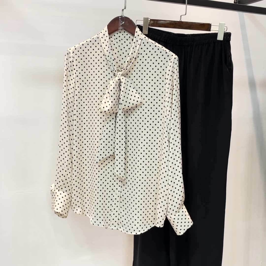 秋季新款真丝衬衫女长袖波点飘带衬衣桑蚕丝女装高级感蝴蝶结气质