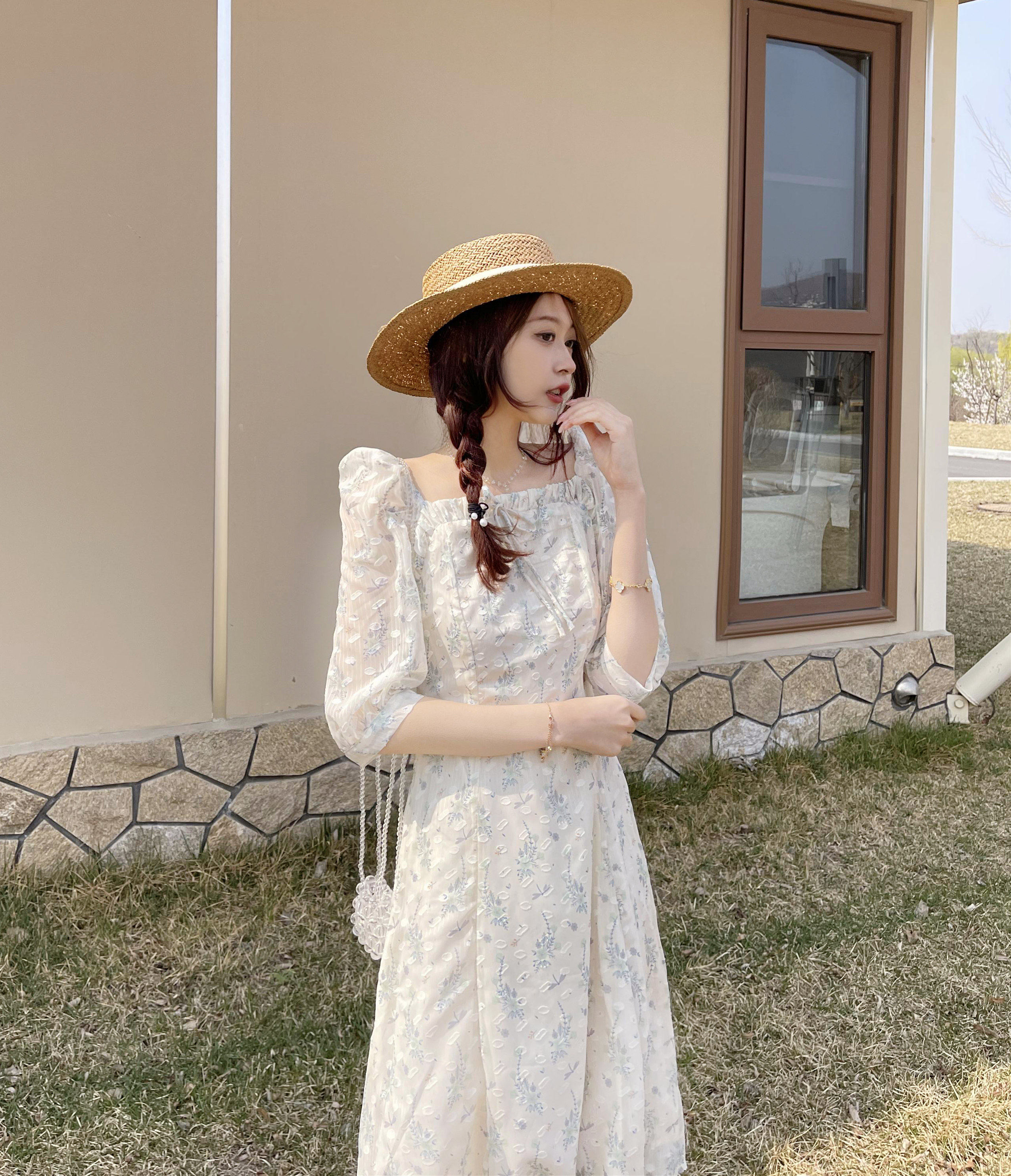 实拍 温柔风连衣裙夏仙女裙长款超仙法式方领碎花裙