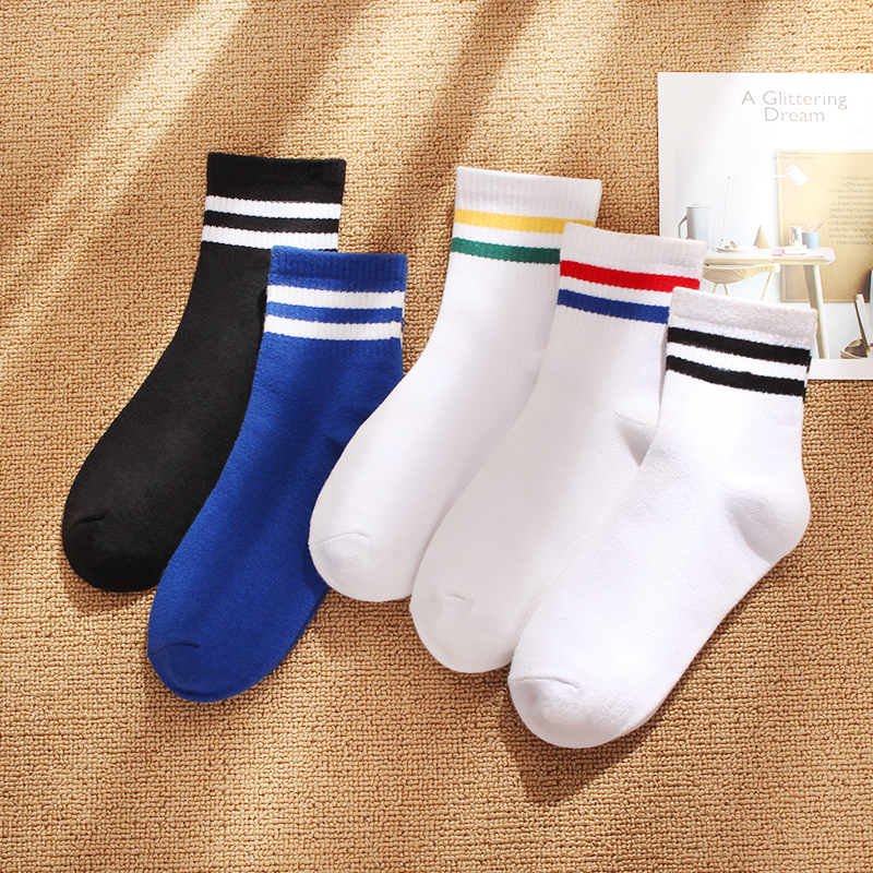 Socks Men's middle cylinder Sox trendy days Stripes Two Bars Spring Summer Long Short Socks Korean Version College Wind Sports Cotton Socks