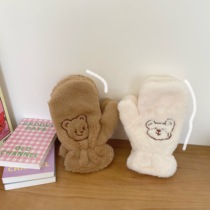 Korean ins girl Bear plush winter warm gloves hand socks thick plus velvet cold protective gloves