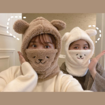 Cute girl Lamb hair Lei Feng hat female Autumn Winter bear ear protection mask scarf