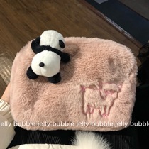 * jelly bubble * Lightweight anti-fall plush cosmetic bag hand-held small bag embroidered pig bag lotus pink