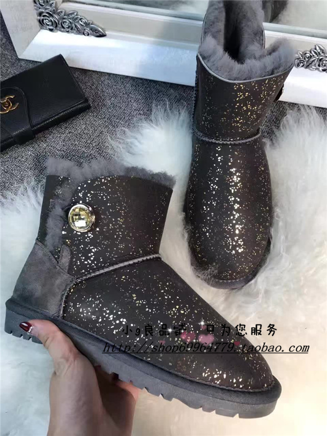 gucci新 冬新款3352噴金系列 新皮新紐扣進口澳洲羊皮毛一體女短筒雪地靴 gucci新款