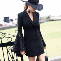 Small fragrance lace waist ol flared sleeve blazer dress Womens autumn French thin small suit skirt