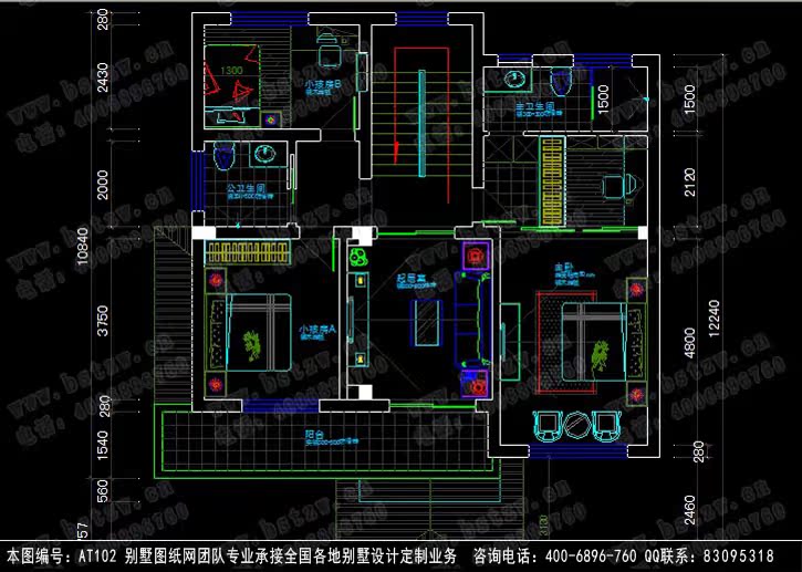 永云图纸超市 at102三层豪华别墅带走廊设计全套图纸11mx11m