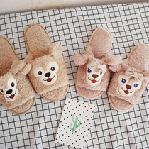 Cute couple embroidered bear spring and Autumn plush open toe drag home bedroom couple slippers Floor non-slip slippers