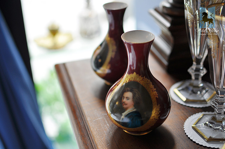 欧洲古董瓷器维也纳royal vienna风格手绘肖像花瓶对瓶