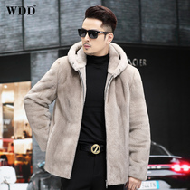 Haining imported American mink fur coat mens whole mink short hooded mink fur and fur integrated winter coat