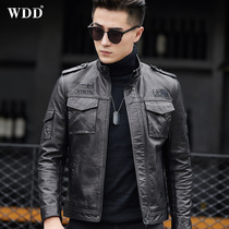 2022 Spring and autumn new Haining genuine leather locomotive leather jacket mens leather jacket for body Han version handsome gas trendy short jacket