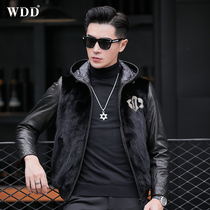 Haining leather jacket mens short hooded winter down youth goatskin jacket mink whole mink coat jacket