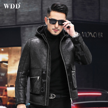 Henning genuine leather fur coat for men leather wool integrated with cap leather jacket sheep cut cashmere leather grass winter jacket