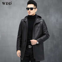 Leather leather jacket mens head layer deerskin jacket Haining leather medium-length hooded high-end spring coat