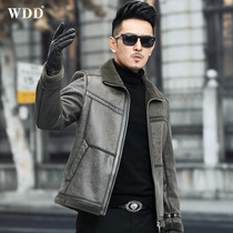Haining fur integrated mens short lapel leather jacket motorcycle leather jacket lamb wool winter fur coat trendy