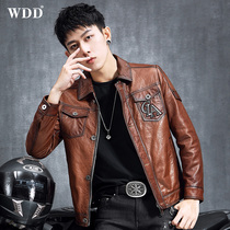 Mens Haining leather jacket short sheepskin locomotive suit slim lapel trend thin youth jacket