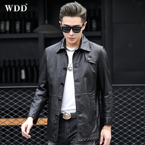 2022 autumn and winter genuine leather jacket mens mid-length Haining sheepskin lapel single leather jacket windbreaker thin coat