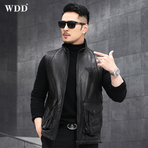 Men Henning genuine leather leather jacket Short-collar cow leather jacket in manmade waistcoat Vest Handsome air trendy thin jacket