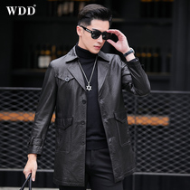2022 autumn and winter Haining leather jacket mens mid-length slim-fit top layer cowhide jacket windbreaker thin coat trendy