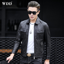New Haining leather jacket mens short Korean style slim sheepskin jacket lapel handsome motorcycle jacket trendy