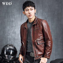 2021 spring new mens leather jacket short oil wax sheep leather jacket locomotive jacket tide