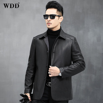 2021 Haining leather leather jacket mens deerskin jacket short middle-aged and elderly single leather thin lapel collar slim spring coat