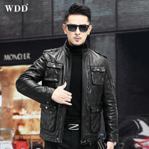 2022 Haining leather clothes mens genuine leather short stand slim fit handsome gas locomotive sheep leather jacket spring thin jacket